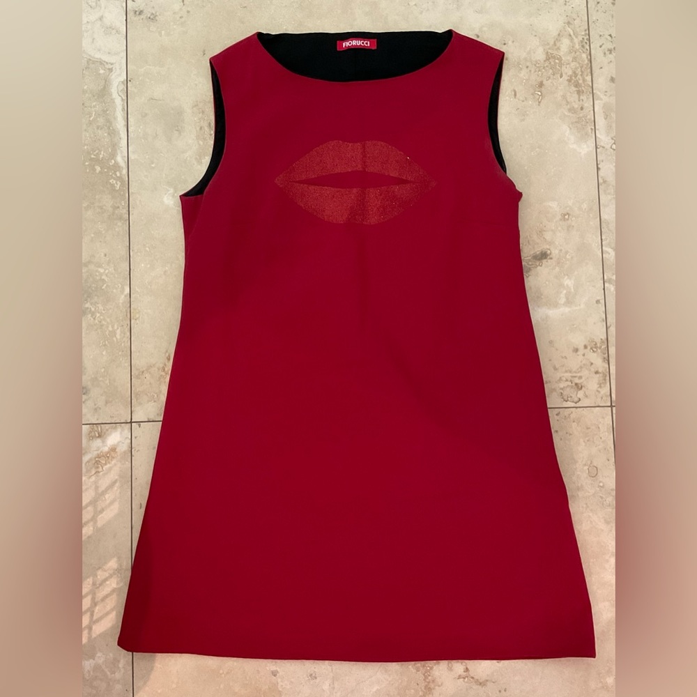 VINTAGE ● FIORUCCI ● Red Shift Dress with Glitter Lips ● Y2K